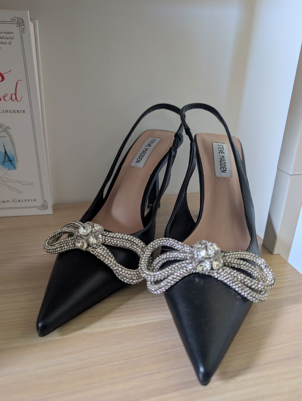 Steve Madden Black Pointed-Toe Slingback Pumps with Crystal Bow